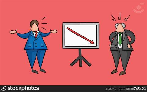 Hand-drawn vector illustration businessman worker showing sales chart arrow moving down and boss is angry. Colored and black outlines, red background.