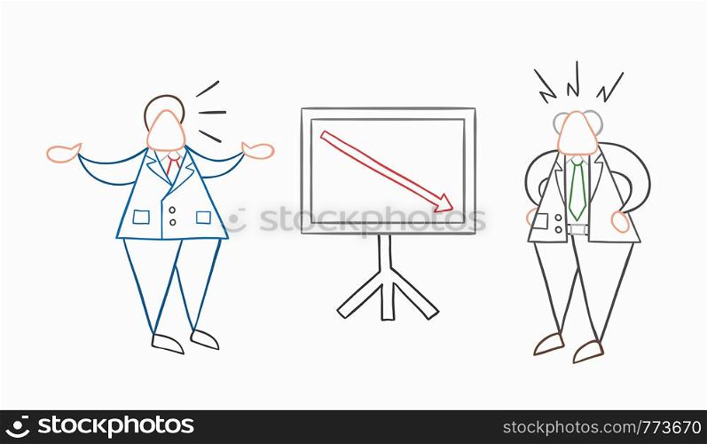 Hand-drawn vector illustration businessman worker showing sales chart arrow moving down and boss is angry. White colored and colored outlines.