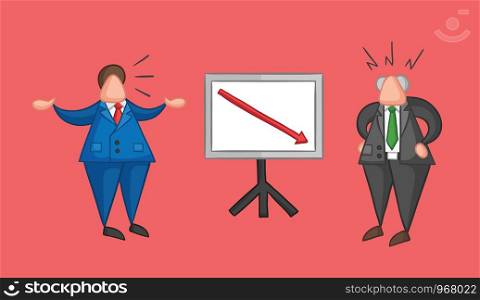 Hand-drawn vector illustration businessman worker showing sales chart arrow moving down and boss is angry. Colored and colored outlines, red background.