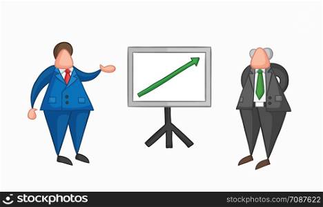 Hand-drawn vector illustration businessman worker showing sales chart arrow moving up and boss is happy. Colored and colored outlines.