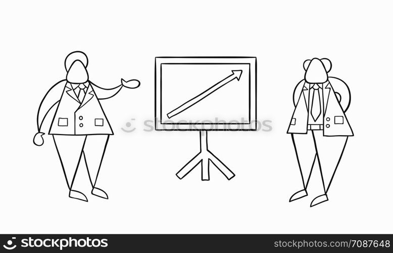 Hand-drawn vector illustration businessman worker showing sales chart arrow moving up and boss is happy. White colored and black outlines.