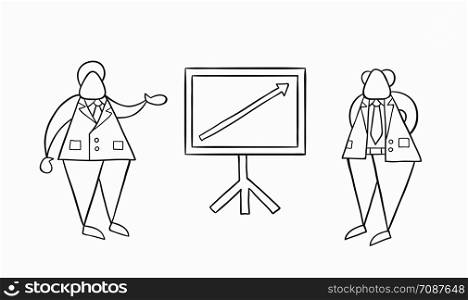 Hand-drawn vector illustration businessman worker showing sales chart arrow moving up and boss is happy. White colored and black outlines.