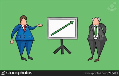 Hand-drawn vector illustration businessman worker showing sales chart arrow moving up and boss is happy. Colored and black outlines, green background.