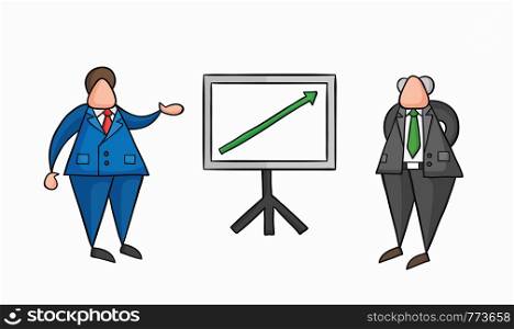 Hand-drawn vector illustration businessman worker showing sales chart arrow moving up and boss is happy. Colored and black outlines.