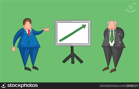 Hand-drawn vector illustration businessman worker showing sales chart arrow moving up and boss is happy. Colored and colored outlines, green background.