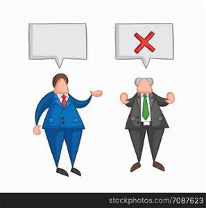 Hand-drawn vector illustration businessman worker speaks with boss and boss rejects. Colored and colored outlines.
