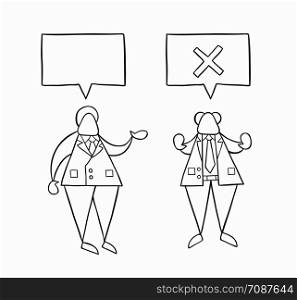 Hand-drawn vector illustration businessman worker speaks with boss and boss rejects. White colored and black outlines.