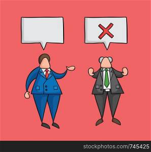 Hand-drawn vector illustration businessman worker speaks with boss and boss rejects. Colored and black outlines, red background.