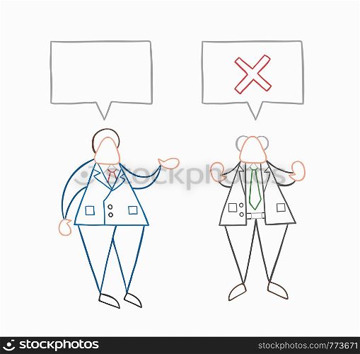 Hand-drawn vector illustration businessman worker speaks with boss and boss rejects. White colored and colored outlines.