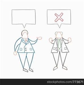 Hand-drawn vector illustration businessman worker speaks with boss and boss rejects. White colored and colored outlines.