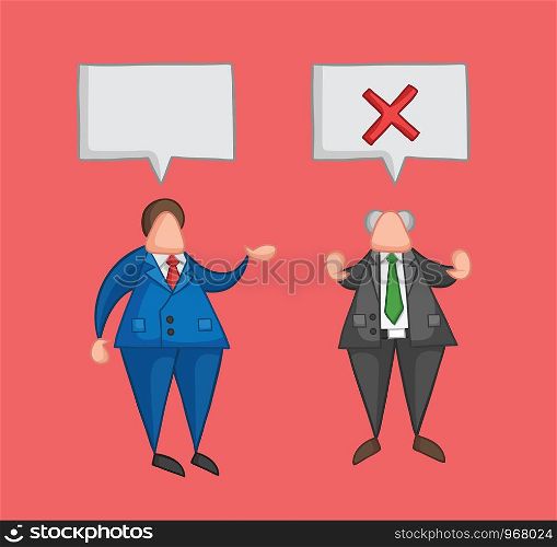 Hand-drawn vector illustration businessman worker speaks with boss and boss rejects. Colored and colored outlines, red background.