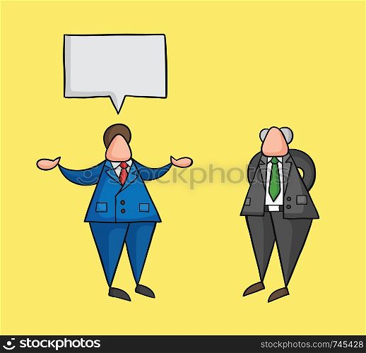 Hand-drawn vector illustration businessman worker talking with his boss. Colored and black outlines, yellow background.