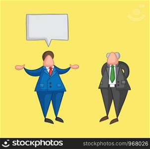 Hand-drawn vector illustration businessman worker talking with his boss. Colored and colored outlines, yellow background.
