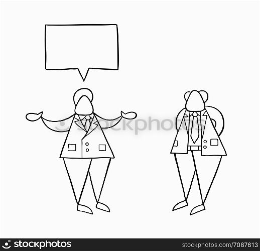 Hand-drawn vector illustration businessman worker talking with his boss. White colored and black outlines.