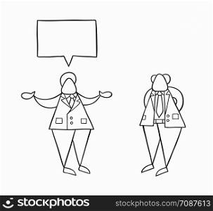 Hand-drawn vector illustration businessman worker talking with his boss. White colored and black outlines.