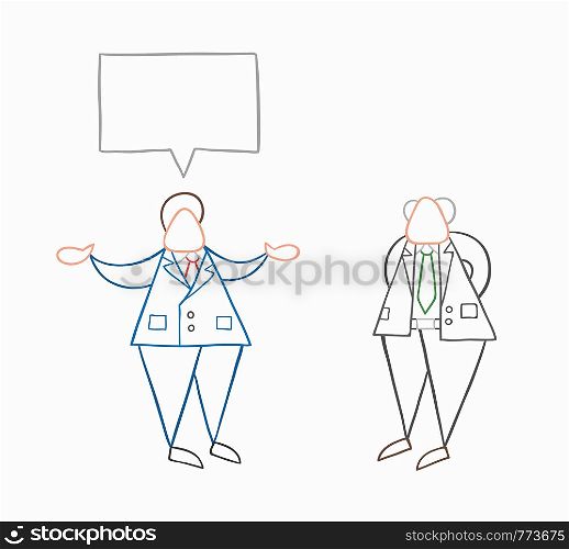 Hand-drawn vector illustration businessman worker talking with his boss. White colored and colored outlines.