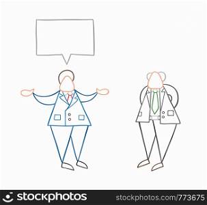 Hand-drawn vector illustration businessman worker talking with his boss. White colored and colored outlines.