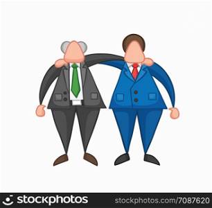 Hand-drawn vector illustration happy boss and businessman worker hugging each other. Colored and colored outlines.