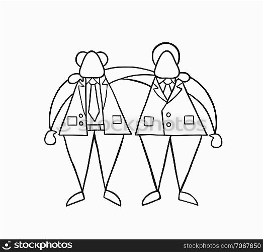 Hand-drawn vector illustration happy boss and businessman worker hugging each other. White colored and black outlines.