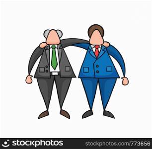 Hand-drawn vector illustration happy boss and businessman worker hugging each other. Colored and black outlines.