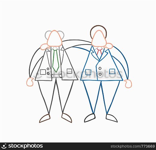 Hand-drawn vector illustration happy boss and businessman worker hugging each other. White colored and colored outlines.