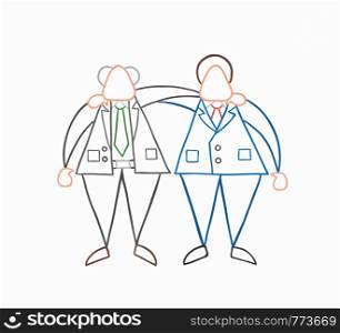 Hand-drawn vector illustration happy boss and businessman worker hugging each other. White colored and colored outlines.