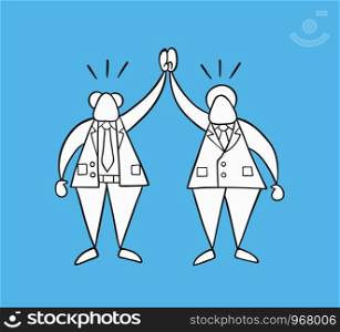 Hand-drawn vector illustration happy businessman boss and worker. White colored and black outlines, blue background.