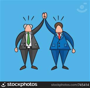 Hand-drawn vector illustration happy businessman boss and worker. Colored and black outlines, blue background.