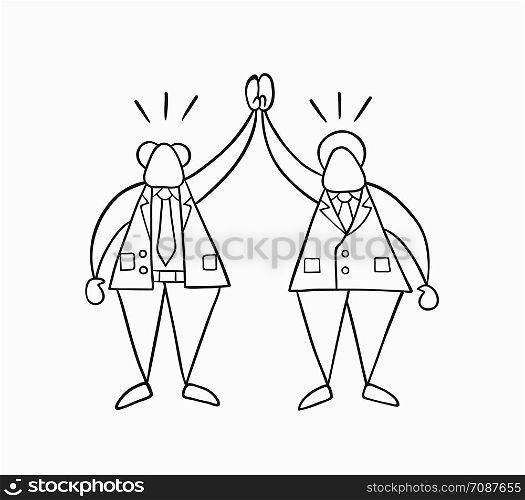 Hand-drawn vector illustration happy businessman boss and worker. White colored and black outlines.