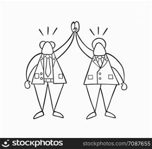 Hand-drawn vector illustration happy businessman boss and worker. White colored and black outlines.