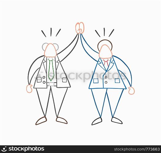 Hand-drawn vector illustration happy businessman boss and worker. White colored and colored outlines.