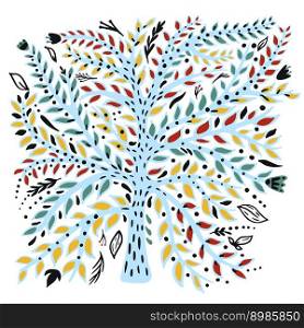 Hand drawn vector illustration of abstract tree with leaves. Folk style.. Hand draw illustration of abstract tree with leaves.