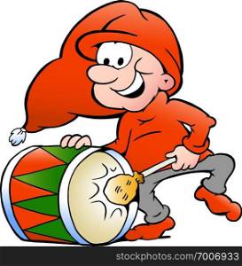 Hand-drawn Vector illustration of an elf playing christmas drum