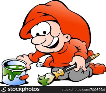 Hand-drawn Vector illustration of an elf with paint bucket and paintbrush