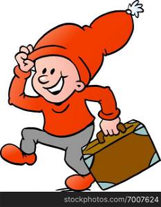 Hand-drawn Vector illustration of an Happy Christmas Elf running with a suitcase