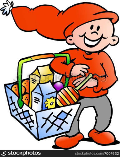 Hand-drawn Vector illustration of an Happy Christmas Elf with a shopping basket