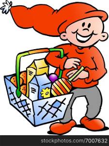 Hand-drawn Vector illustration of an Happy Christmas Elf with a shopping basket