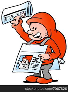 Hand-drawn Vector illustration of an Happy Christmas Elf  with News Paper