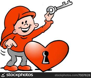 Hand-drawn Vector illustration of an Happy Christmas Elf with the key to the heart