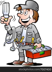 Hand-drawn Vector illustration of an happy Electrician Handyman, holding a energysaving light bulb