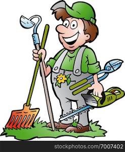 Hand-drawn Vector illustration of an happy Gardener standing with his garden tool