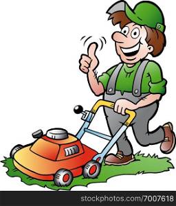 Hand-drawn Vector illustration of an happy Gardener with his lawnmower