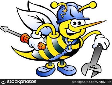 Hand-drawn Vector illustration of an Happy Working Bee Holding Wrench and Screw Driver