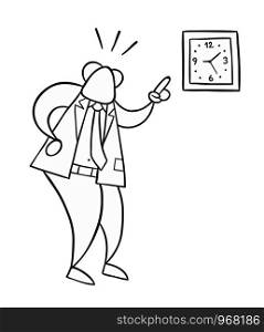 Hand-drawn vector illustration of boss angry and showing the time. Black outlines and white.