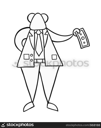 Hand-drawn vector illustration of boss giving money. Black outlines and white.