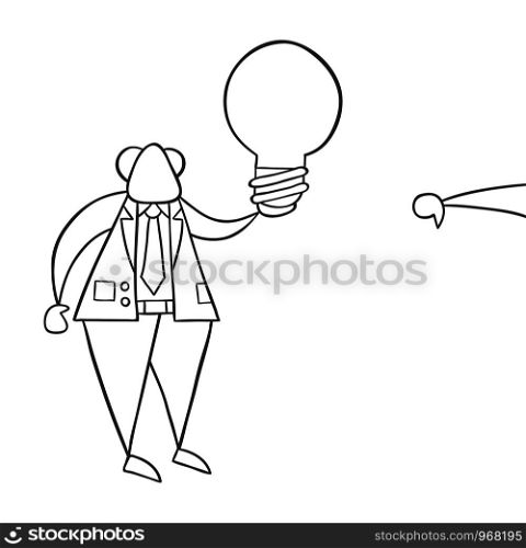 Hand-drawn vector illustration of boss holding bad light bulb idea and businessman showing thumbs-down. Black outlines and white.