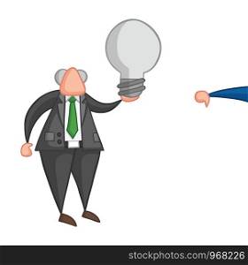 Hand-drawn vector illustration of boss holding bad light bulb idea and businessman showing thumbs-down. Color outlines and colored.