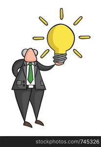 Hand-drawn vector illustration of boss holding glowing light bulb. Black outlines and colored.