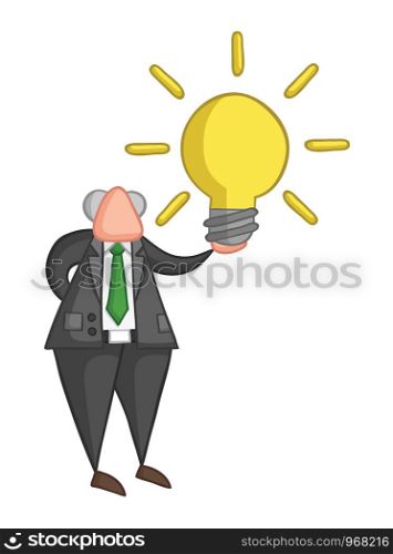 Hand-drawn vector illustration of boss holding glowing light bulb. Color outlines and colored.