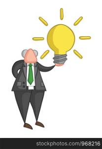 Hand-drawn vector illustration of boss holding glowing light bulb. Color outlines and colored.